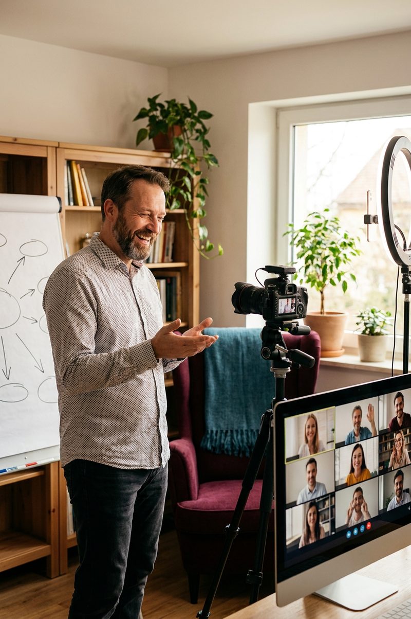 Ein Trainer leitet lebendig ein Online-Training vor Kamera und Teilnehmer-Galerie